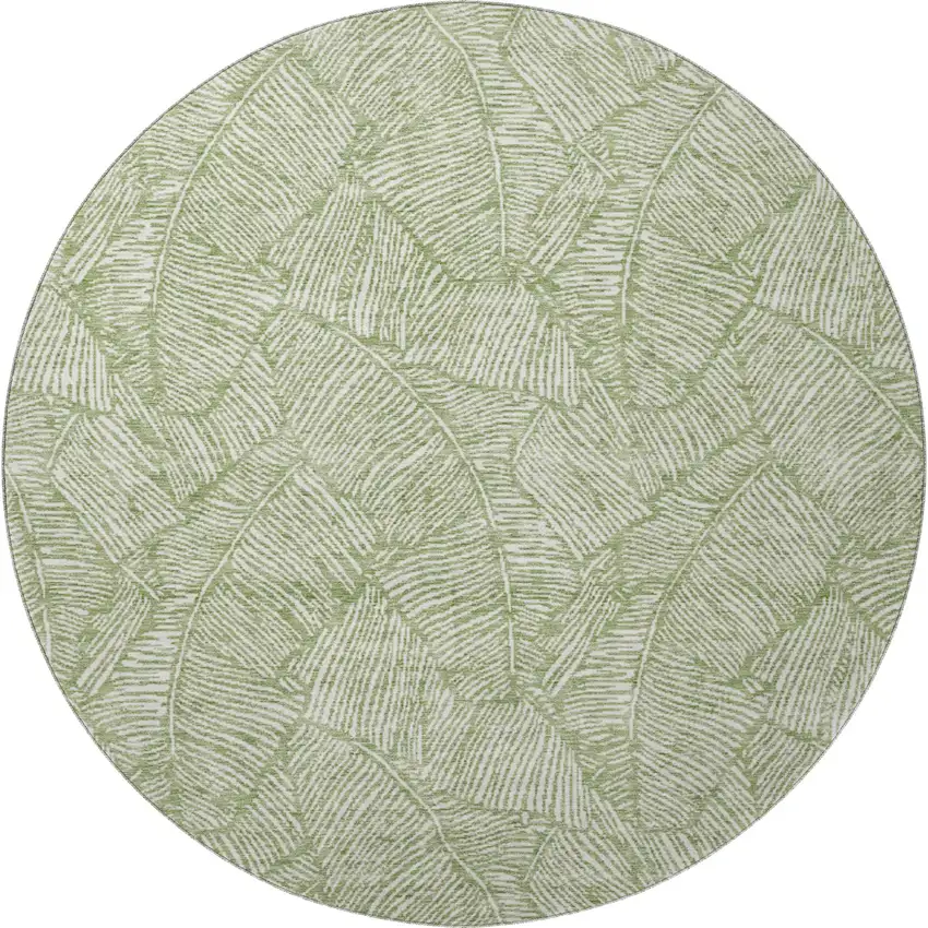 8' Green And Ivory Floral Washable Round Rug With UV Protection Photo 4