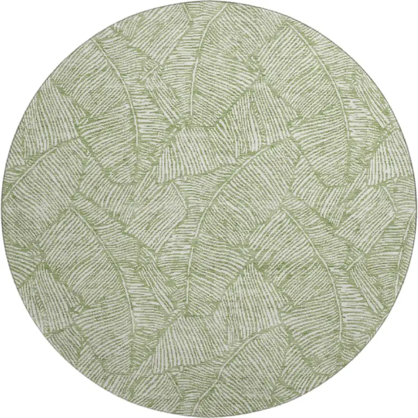 8' Green And Ivory Floral Washable Round Rug With UV Protection Photo 1