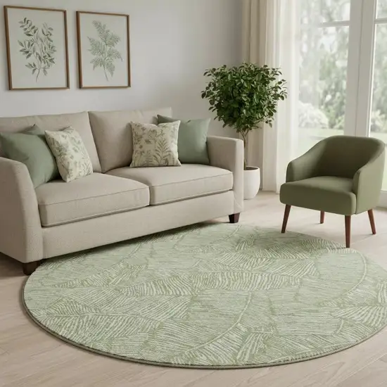 8' Green And Ivory Floral Washable Round Rug With UV Protection Photo 1