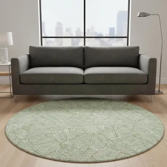 8' Green And Ivory Floral Washable Round Rug With UV Protection Photo 2