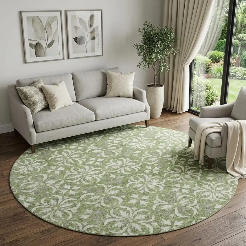 8' Green And Ivory Floral Washable Round Rug With UV Protection Photo 1
