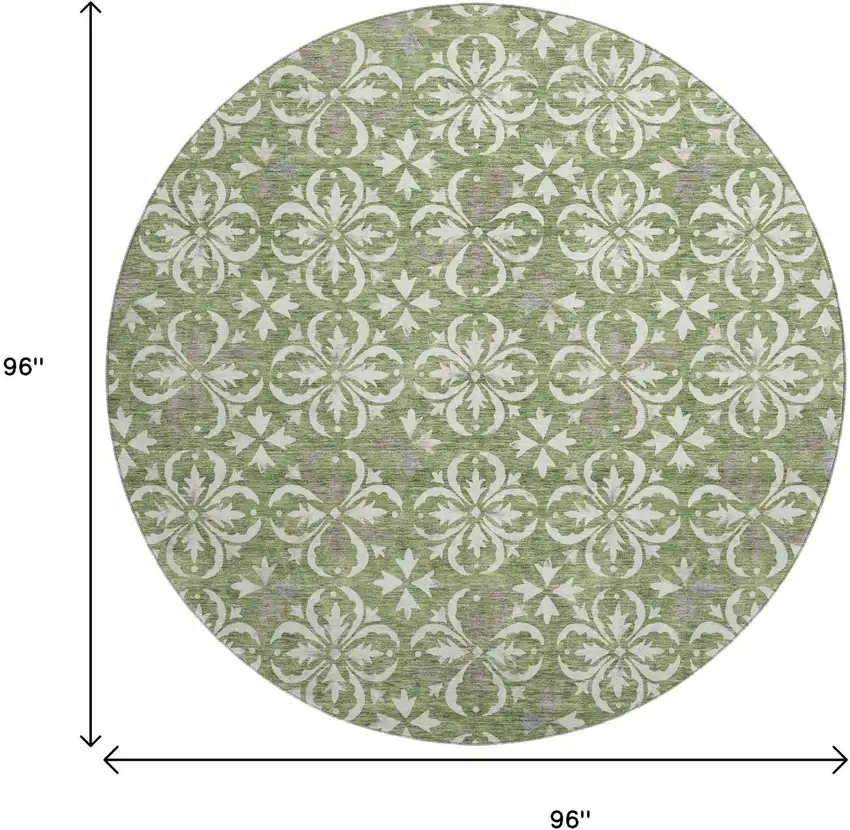 8' Green And Ivory Floral Washable Round Rug With UV Protection Photo 9