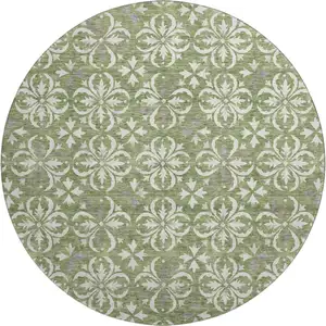 Photo of 8' Green And Ivory Floral Washable Round Rug With UV Protection