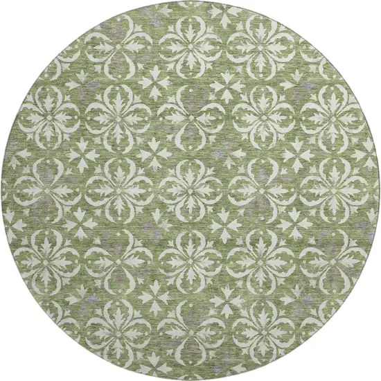 8' Green And Ivory Floral Washable Round Rug With UV Protection Photo 1