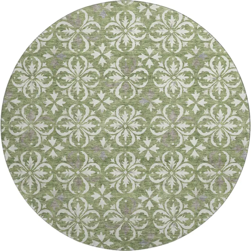 8' Green And Ivory Floral Washable Round Rug With UV Protection Photo 1