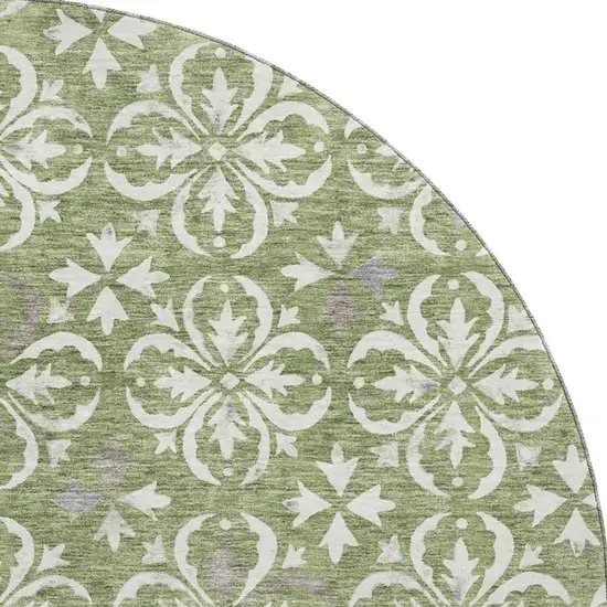 8' Green And Ivory Floral Washable Round Rug With UV Protection Photo 3