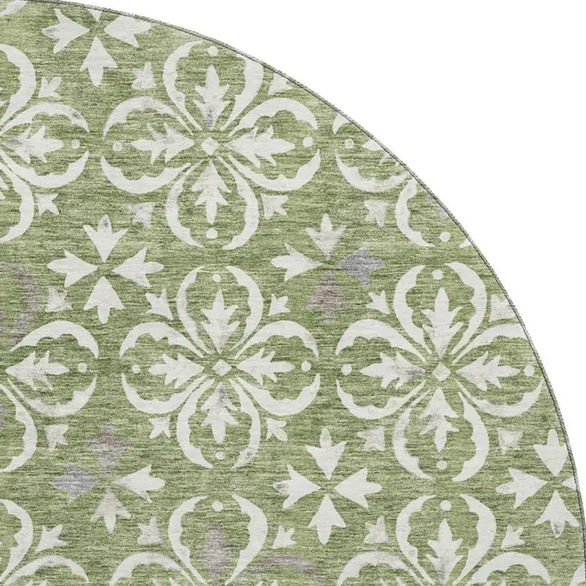 8' Green And Ivory Floral Washable Round Rug With UV Protection Photo 3