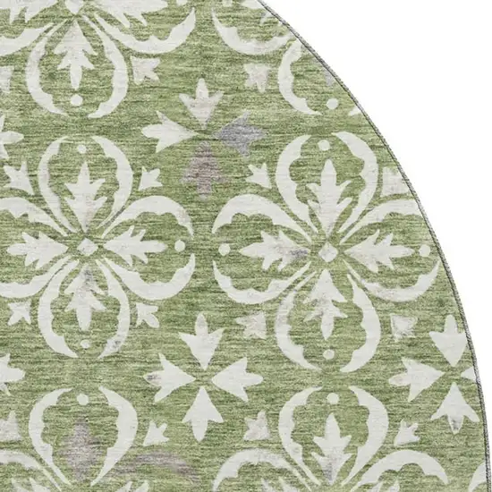 8' Green And Ivory Floral Washable Round Rug With UV Protection Photo 2