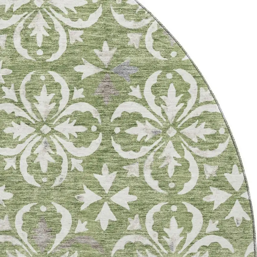 8' Green And Ivory Floral Washable Round Rug With UV Protection Photo 2