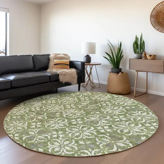 8' Green And Ivory Floral Washable Round Rug With UV Protection Photo 4