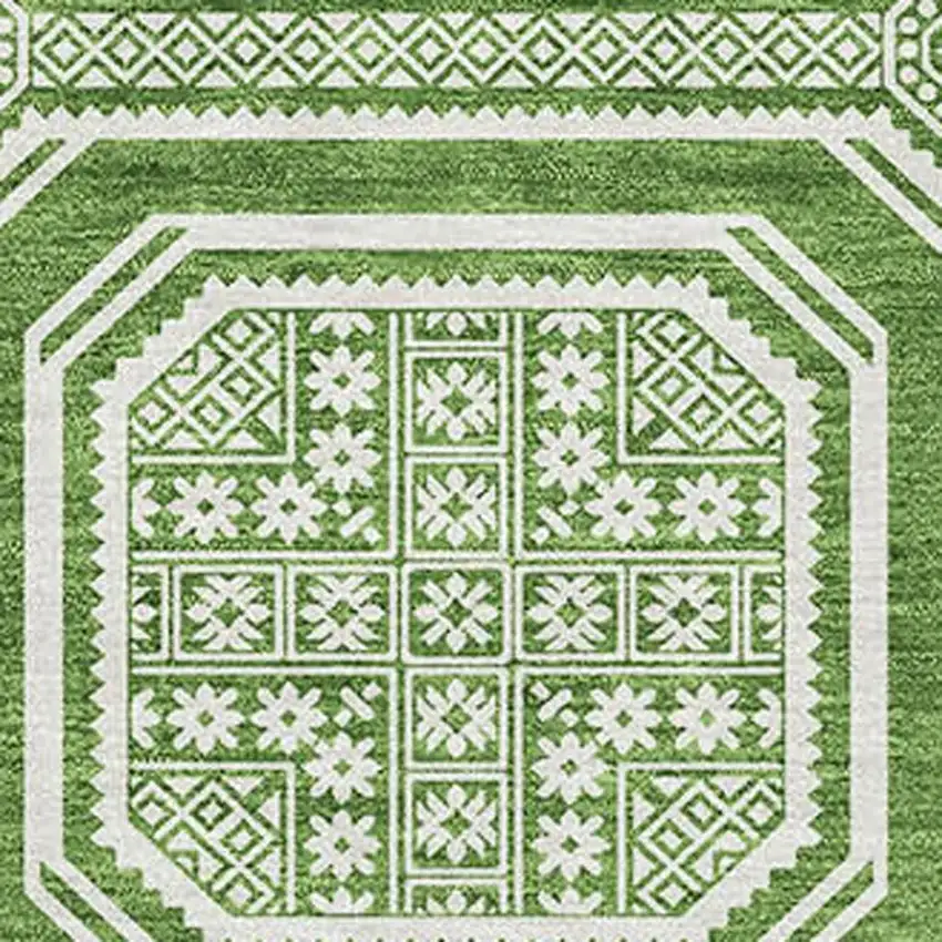 8' Green And Ivory Geometric Washable Area Rug With UV Protection Photo 2