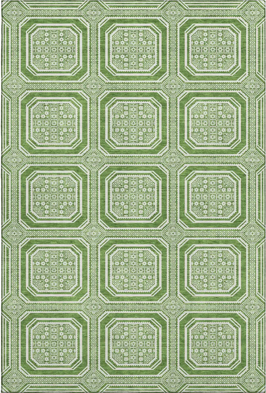 8' Green And Ivory Geometric Washable Area Rug With UV Protection Photo 1