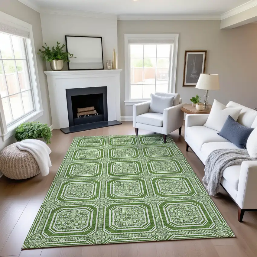 8' Green And Ivory Geometric Washable Area Rug With UV Protection Photo 4