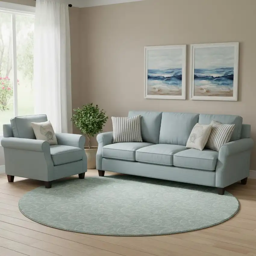 8' Green And Ivory Geometric Washable Round Rug With UV Protection Photo 1