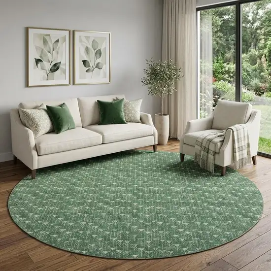 8' Green And Ivory Geometric Washable Round Rug With UV Protection Photo 1