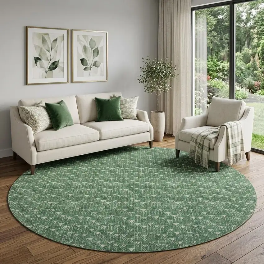 8' Green And Ivory Geometric Washable Round Rug With UV Protection Photo 1