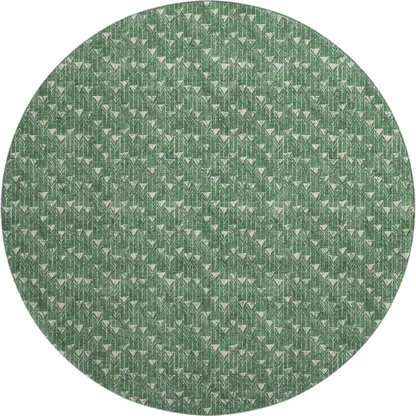 8' Green And Ivory Geometric Washable Round Rug With UV Protection Photo 1