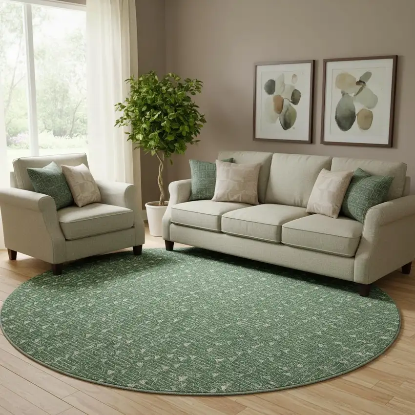 8' Green And Ivory Geometric Washable Round Rug With UV Protection Photo 1