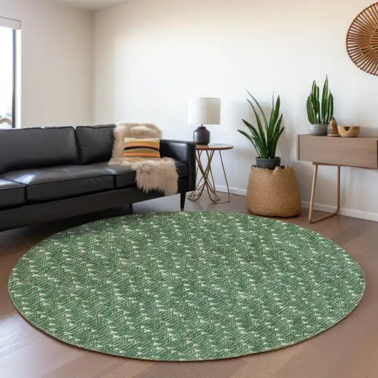 8' Green And Ivory Geometric Washable Round Rug With UV Protection Photo 5