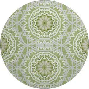 Photo of 8' Green And Ivory Geometric Washable Round Rug With UV Protection