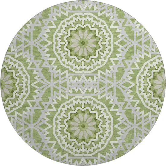 8' Green And Ivory Geometric Washable Round Rug With UV Protection Photo 1