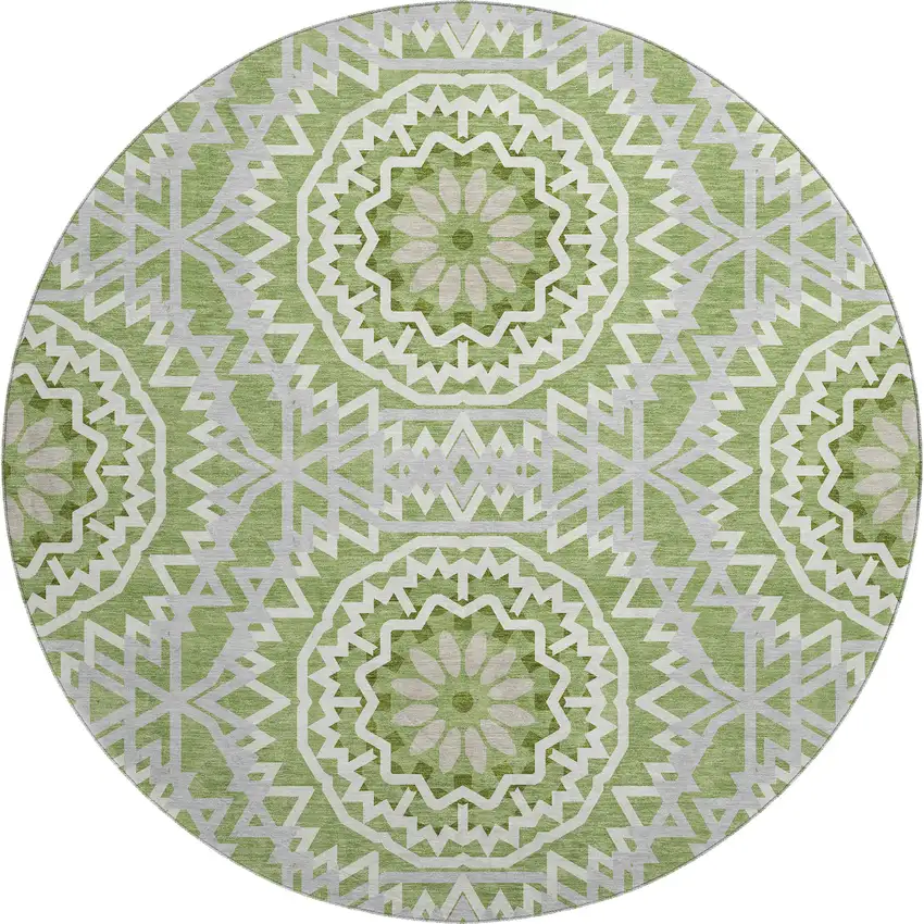 8' Green And Ivory Geometric Washable Round Rug With UV Protection Photo 1