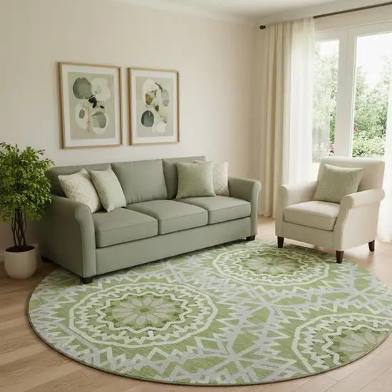 8' Green And Ivory Geometric Washable Round Rug With UV Protection Photo 1
