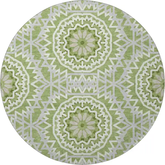 8' Green And Ivory Geometric Washable Round Rug With UV Protection Photo 4