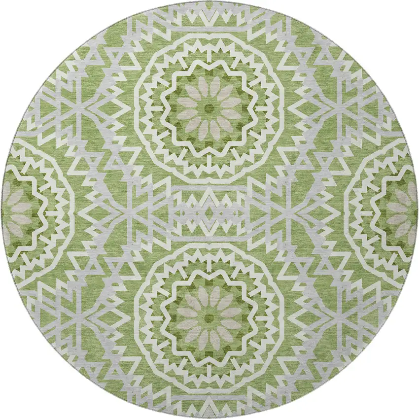 8' Green And Ivory Geometric Washable Round Rug With UV Protection Photo 4