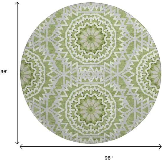 8' Green And Ivory Geometric Washable Round Rug With UV Protection Photo 3