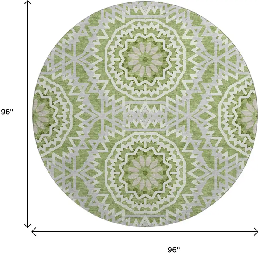 8' Green And Ivory Geometric Washable Round Rug With UV Protection Photo 3