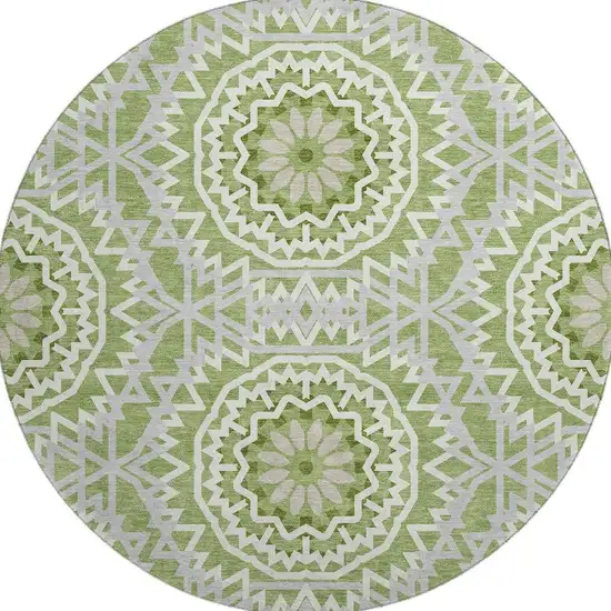 8' Green And Ivory Geometric Washable Round Rug With UV Protection Photo 3