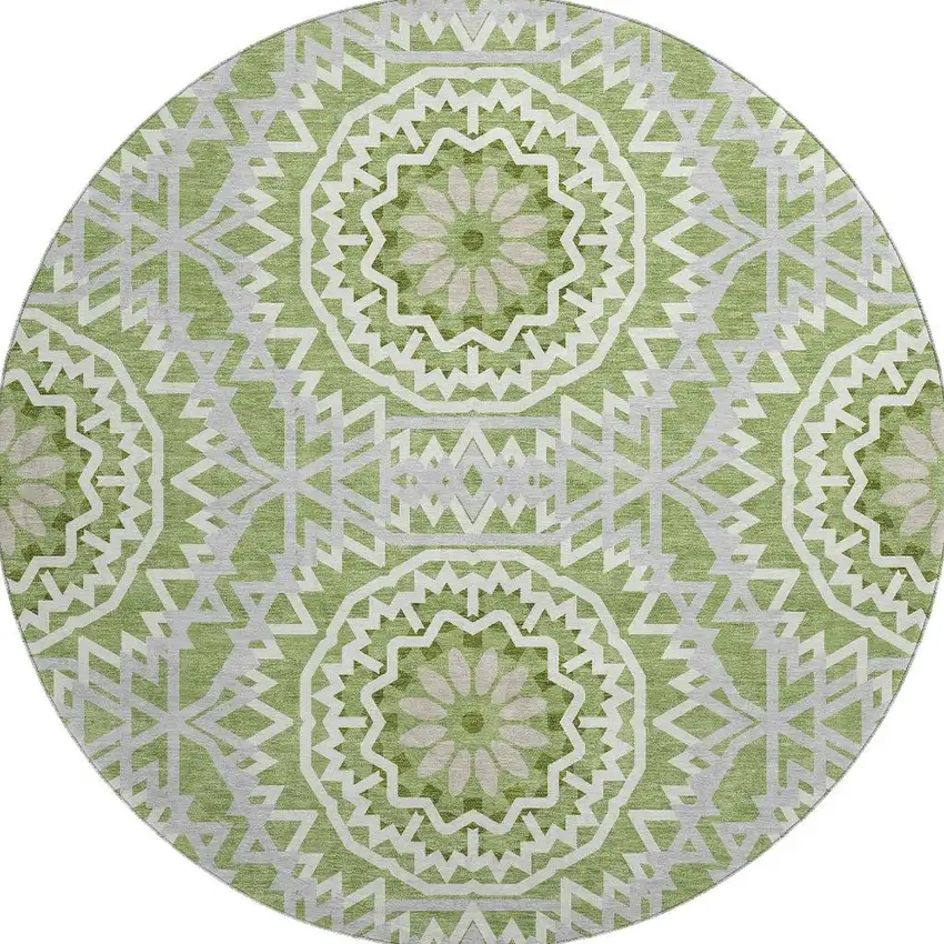 8' Green And Ivory Geometric Washable Round Rug With UV Protection Photo 3