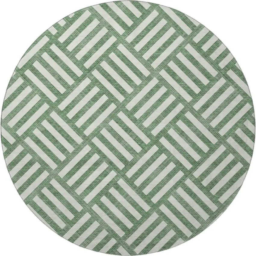 8' Green And Ivory Geometric Washable Round Rug With UV Protection Photo 4