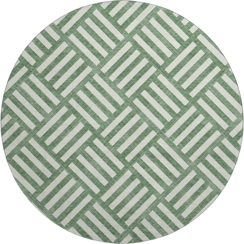 8' Green And Ivory Geometric Washable Round Rug With UV Protection Photo 1