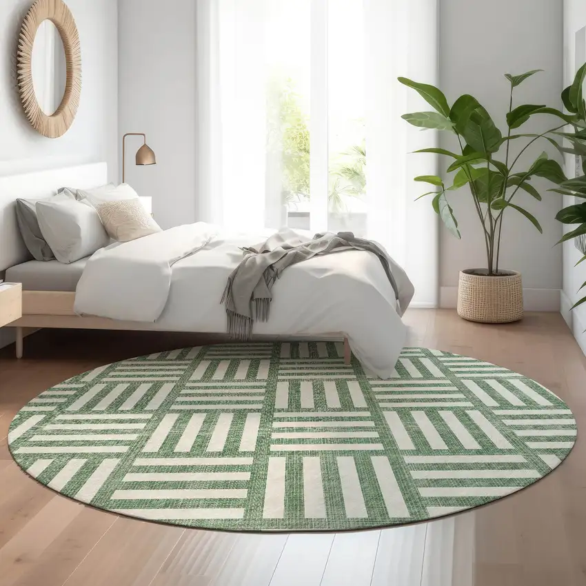 8' Green And Ivory Geometric Washable Round Rug With UV Protection Photo 5