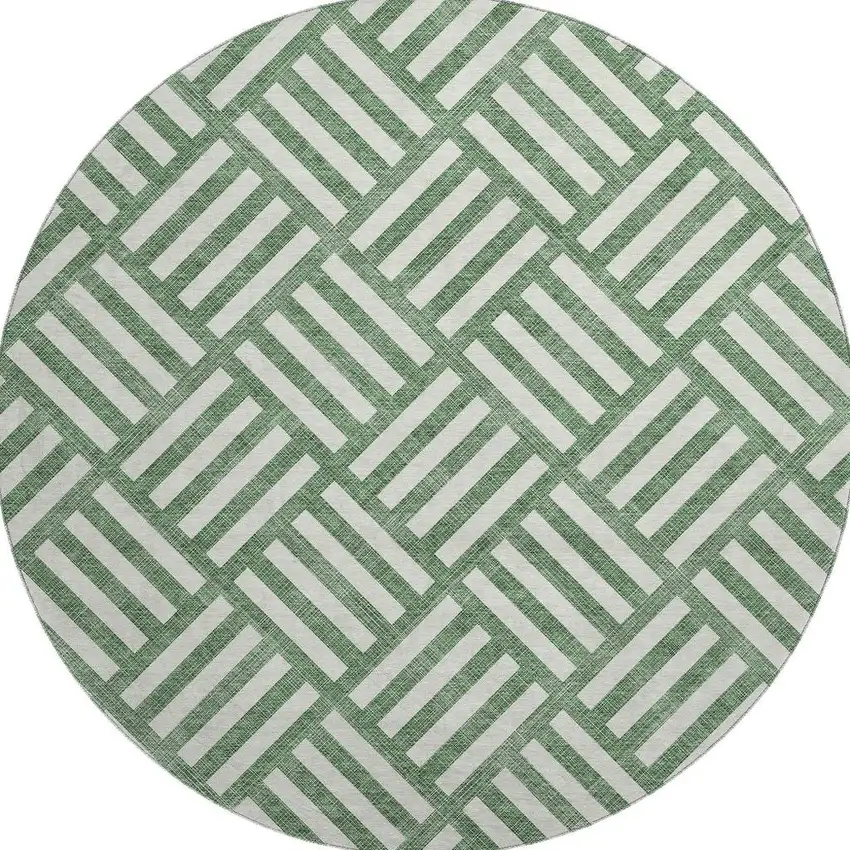 8' Green And Ivory Geometric Washable Round Rug With UV Protection Photo 3