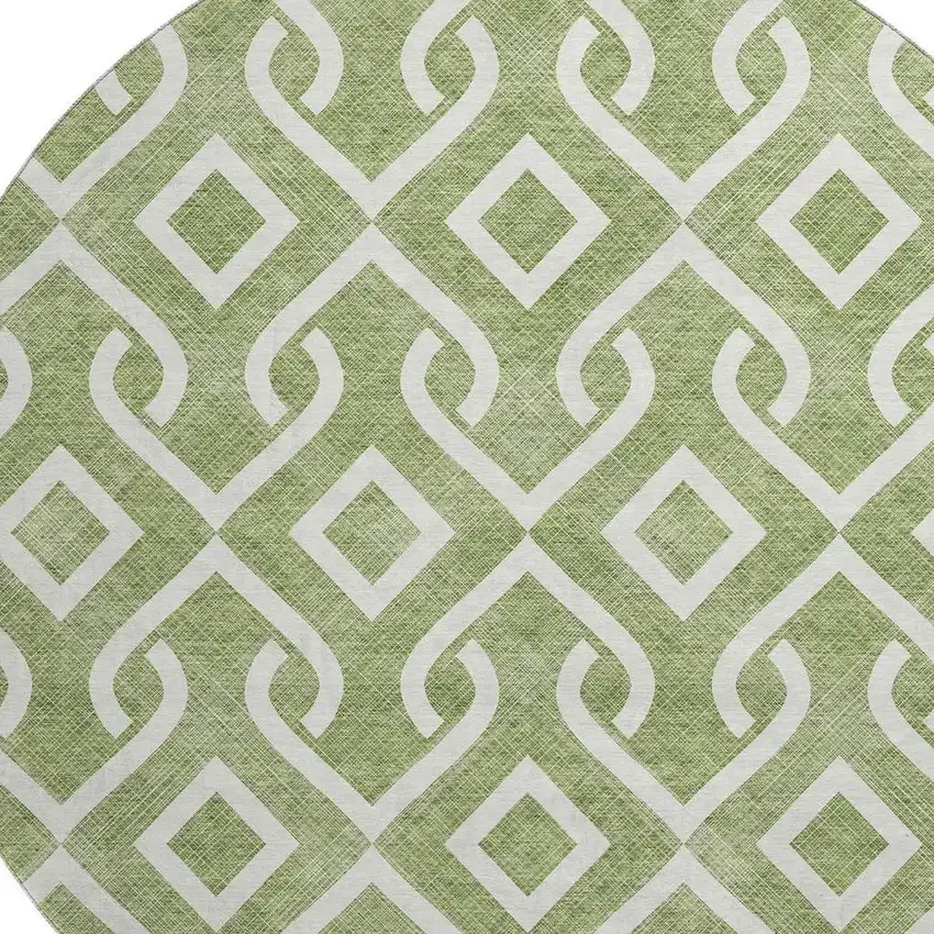 8' Green And Ivory Geometric Washable Round Rug With UV Protection Photo 3