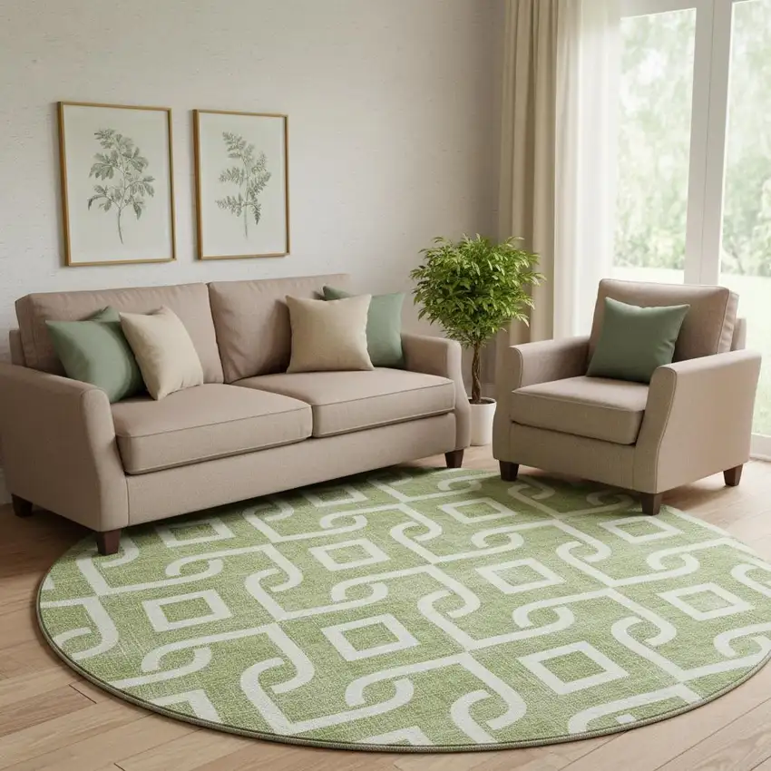 8' Green And Ivory Geometric Washable Round Rug With UV Protection Photo 1