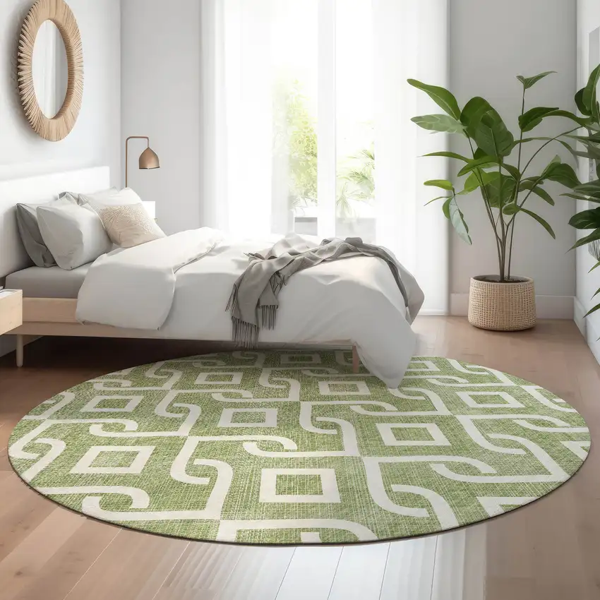 8' Green And Ivory Geometric Washable Round Rug With UV Protection Photo 5