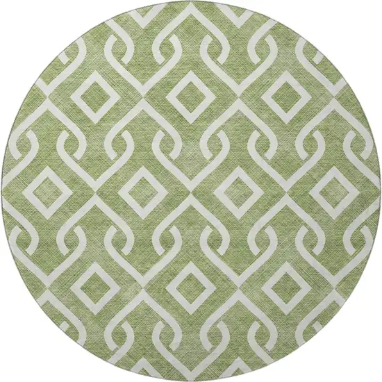 8' Green And Ivory Geometric Washable Round Rug With UV Protection Photo 4
