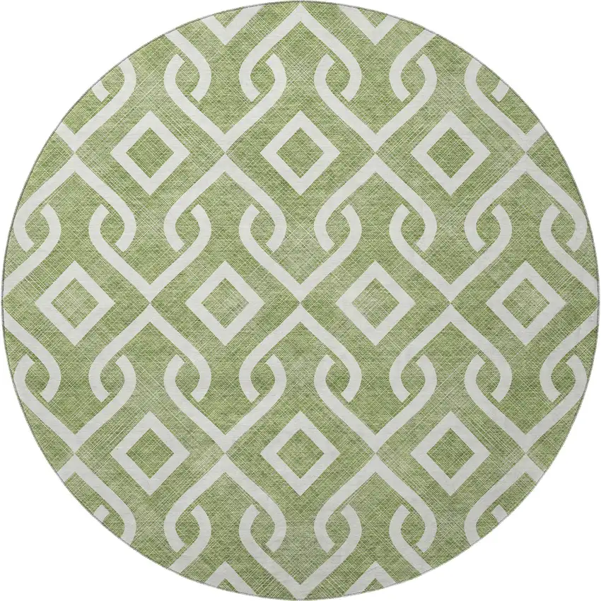 8' Green And Ivory Geometric Washable Round Rug With UV Protection Photo 4