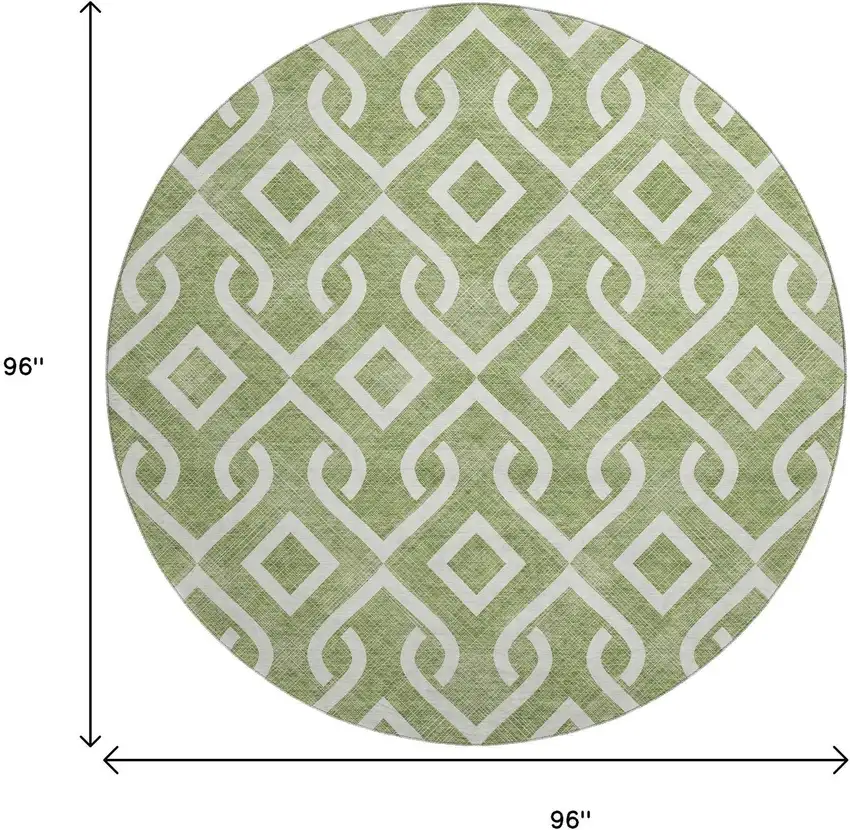 8' Green And Ivory Geometric Washable Round Rug With UV Protection Photo 3