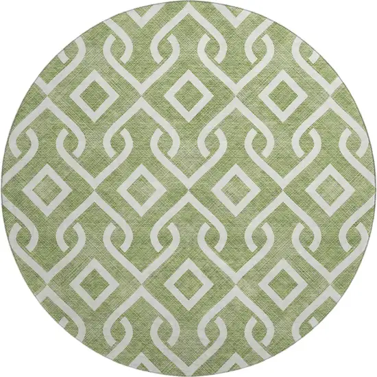 8' Green And Ivory Geometric Washable Round Rug With UV Protection Photo 1