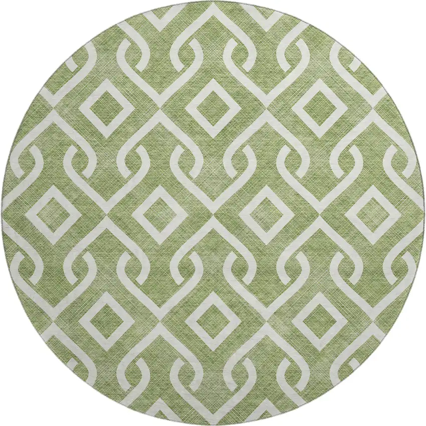 8' Green And Ivory Geometric Washable Round Rug With UV Protection Photo 1