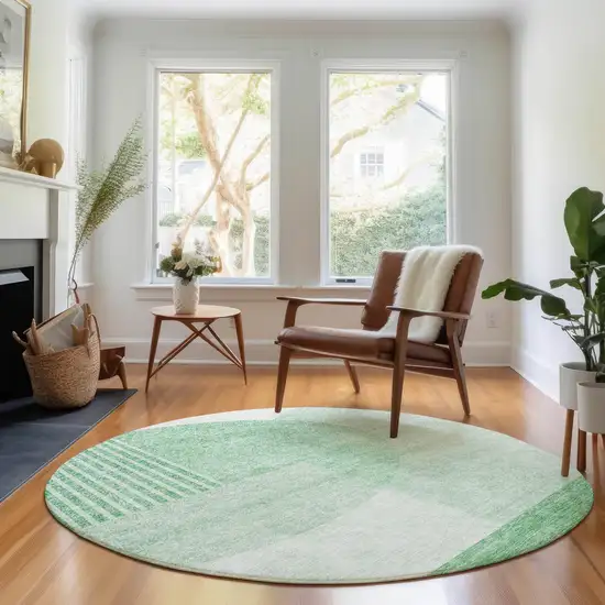 8' Green And Ivory Geometric Washable Round Rug With UV Protection Photo 4