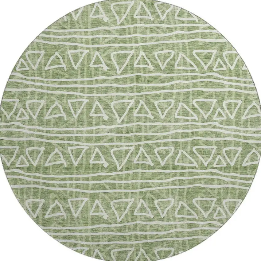 8' Green And Ivory Geometric Washable Round Rug With UV Protection Photo 3