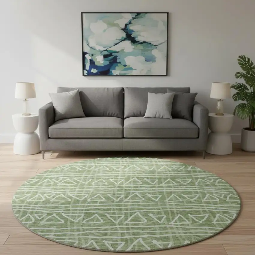 8' Green And Ivory Geometric Washable Round Rug With UV Protection Photo 2
