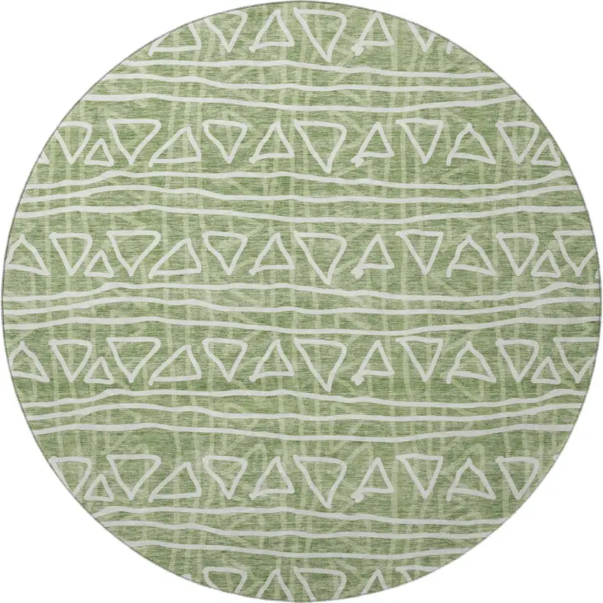 8' Green And Ivory Geometric Washable Round Rug With UV Protection Photo 4