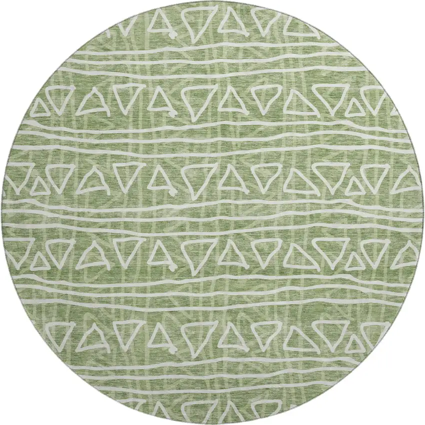 8' Green And Ivory Geometric Washable Round Rug With UV Protection Photo 1